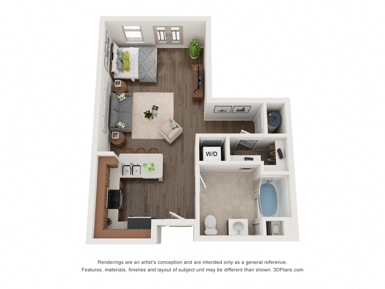 Floor plan for studio, 1 bath, 568 sqft